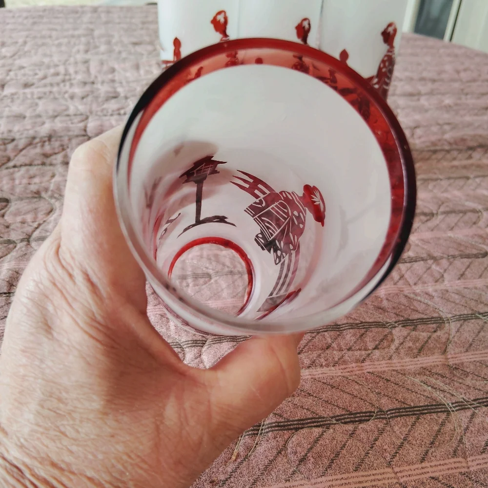 Vintage MCM Noritake Frosted Ruby Red Tall Collins Drinking Glasses Barware Bar